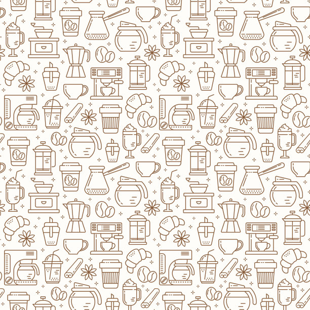 无缝咖啡图案与线条风格图标。咖啡店或咖啡馆背景。图片下载