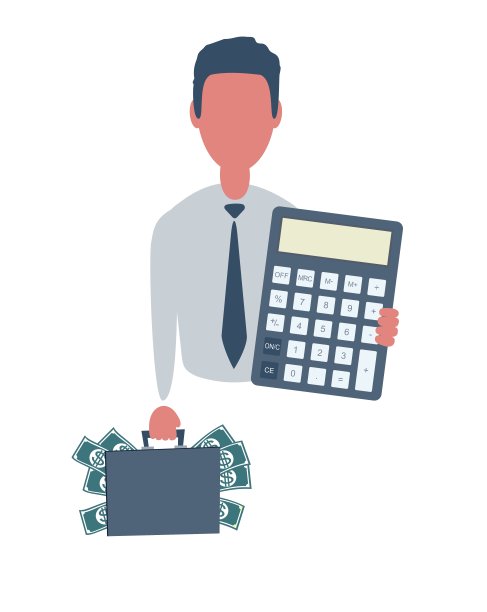 拿着装有钱和计算器的手提箱的商人或职员。男性角色风格简单，带有对象。经营理念。在白色背景上隔离图片下载