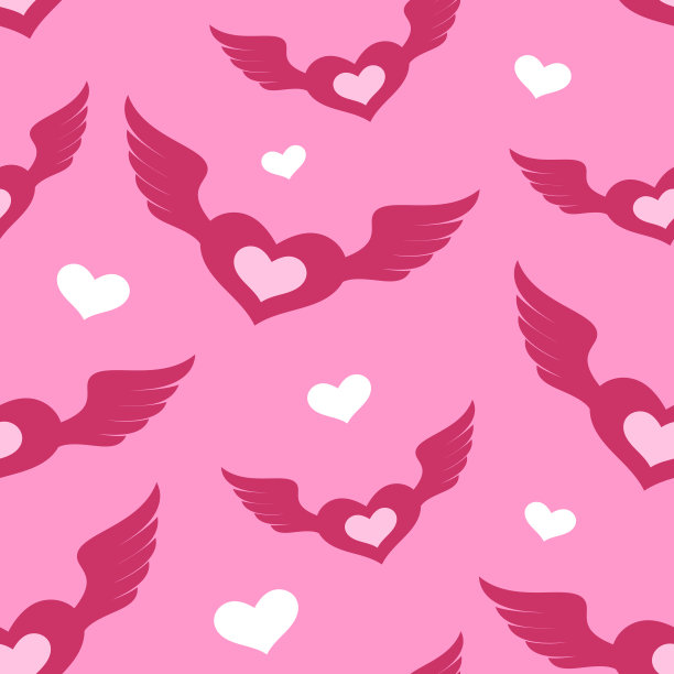 长着翅膀的心。无缝的背景与粉红色的浪漫主题。图片下载