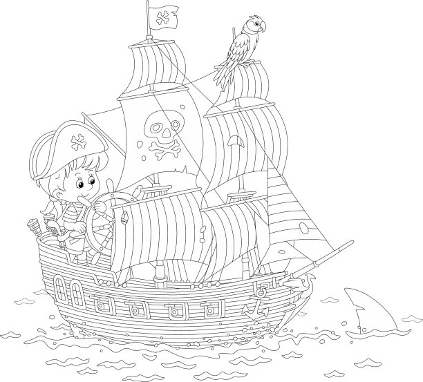 小男孩在帆船上扮演海盗图片下载