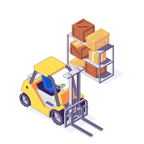 货架上有纸板和木箱的等距仓库叉车。图片下载