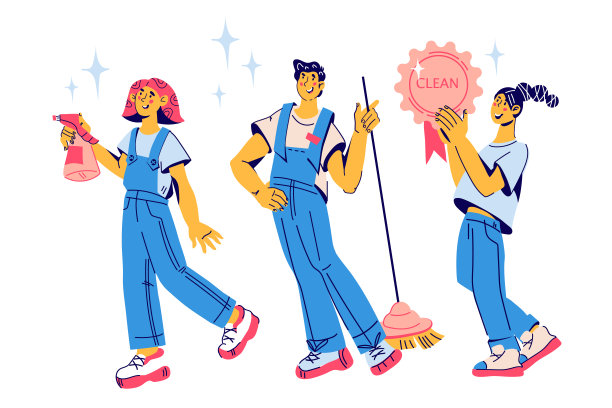 清洁人员角色与工作工具。，平面卡通向量。图片下载