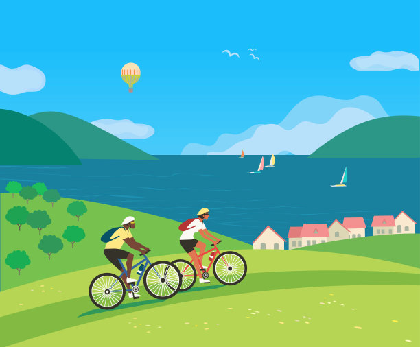 在海边骑自行车旅行的夫妇向量图片下载