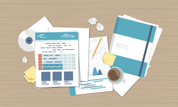 业务报告。会计、研究、数据分析、审计、计算。商务办公桌，办公室，工作场所。平面向量插图图片下载