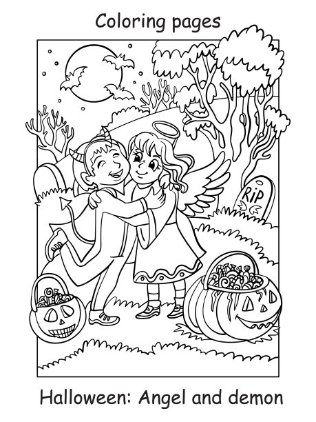 着色万圣节可爱的天使和恶魔拥抱图片下载