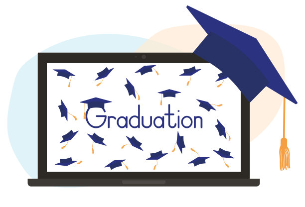 虚拟的毕业典礼。笔记本显示器及方帽或学位帽。矢量图图片下载