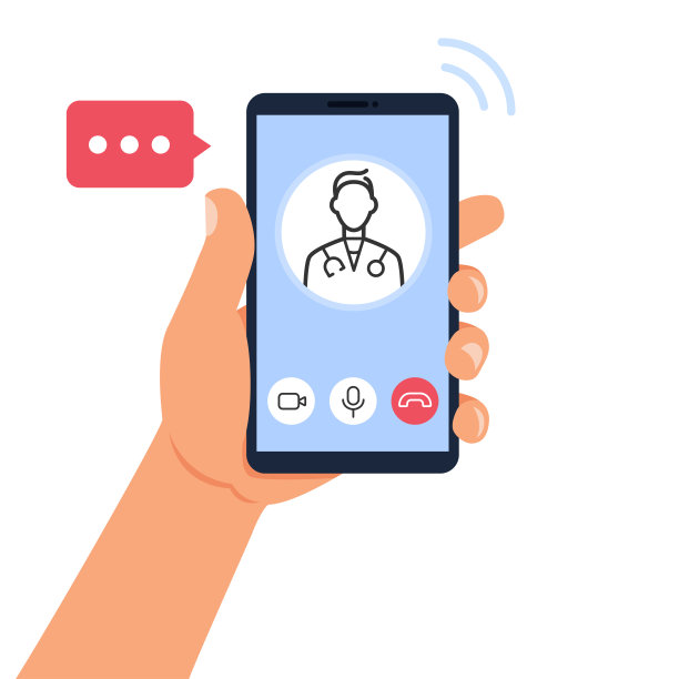 手持智能手机与在线医生咨询屏幕。医疗保健移动服务概念。屏幕上的男性角色。矢量插图。图片下载