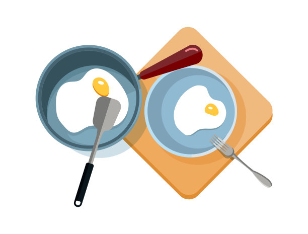 煎蛋把鸡蛋放在平底锅和盘子里。独立的早餐烹饪，食物准备过程。厨房工具顶部视图矢量插图图片下载