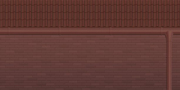 红色屋顶瓦，金属雨水沟和棕色砖墙的矢量图。现实的瓦楞屋顶纹理，排水系统和黑色的砖墙背景。房屋立面背景与copyspace。图片下载