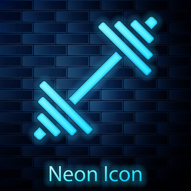 发光的霓虹灯哑铃图标孤立在砖墙的背景。肌肉举重偶像，健身杠铃，健身房，运动器材，运动大哑铃。向量图片下载