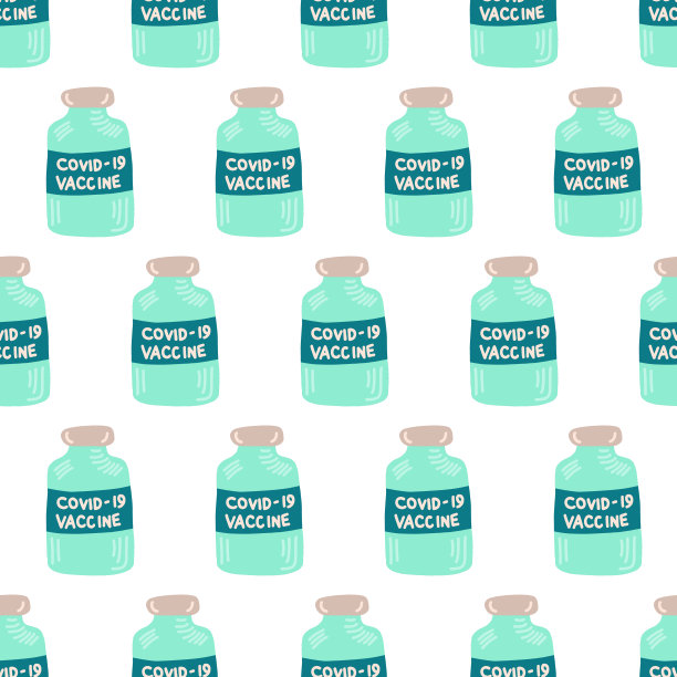 疫苗瓶冠状病毒无缝载体模式。重复背景Covid - vid疫苗剂量手绘插图。疫苗接种剂量。停止Covid。预防、免疫和治疗Covid-19。图片下载