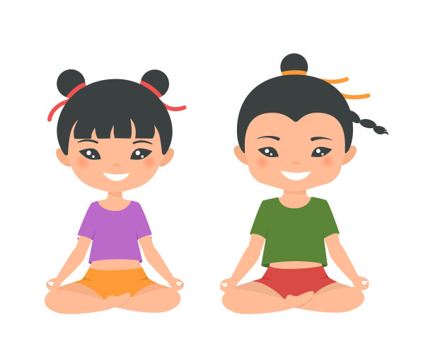 可爱的中国赤壁男孩和女孩做瑜伽在白色的背景孤立。卡通平的风格图片下载