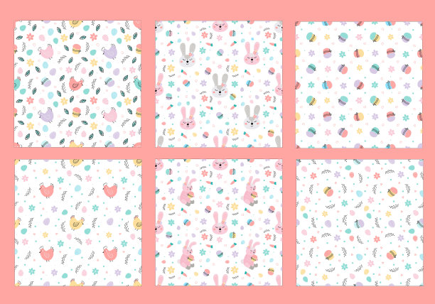 可爱的复活节图案与复活节兔子，蛋，复活节蛋糕。春天孩子的模式。理想的纺织品，横幅，糖果包装，壁纸。矢量图图片下载
