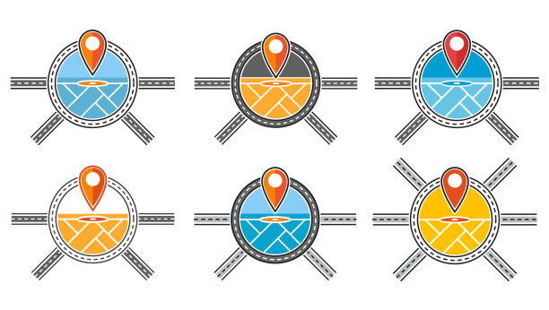 Gps定位。道路地图图钉图标集。标记的地方。网上交通导航。物流送货服务。搜索位置指针。目的地定位平坦矢量符号图片下载