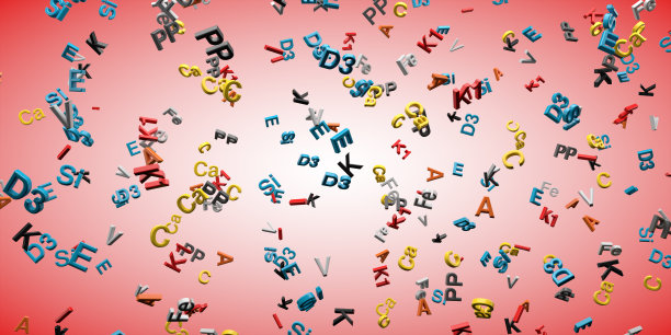 以红色背景上的文本字符的形式呈现的多种颜色的维生素。三维渲染图片下载