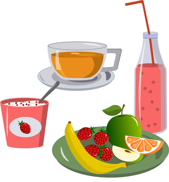 一份健康的早餐——酸奶冰沙，茶和图片下载