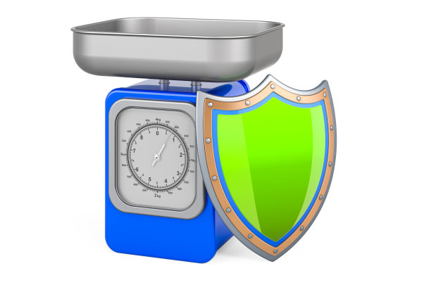 机械厨房尺度与盾牌，3D渲染孤立在白色背景图片下载