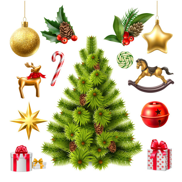 逼真的圣诞树与玩具象征图片下载
