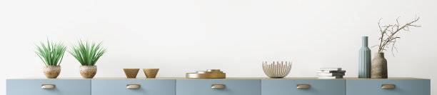 客厅的室内设计，白色的墙，蓝色的梳妆台。家居装饰背景配件。有拷贝空间的墙。现代家居装饰。背景模板,全景。三维渲染图片下载