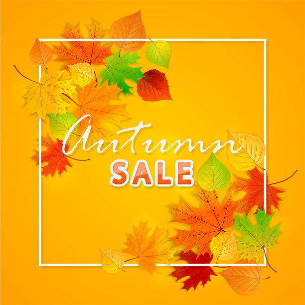 秋天的销售与树叶在橙色的背景图片下载