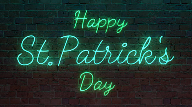 绿色和蓝色的霓虹灯招牌上写着:圣帕特里克节快乐图片下载