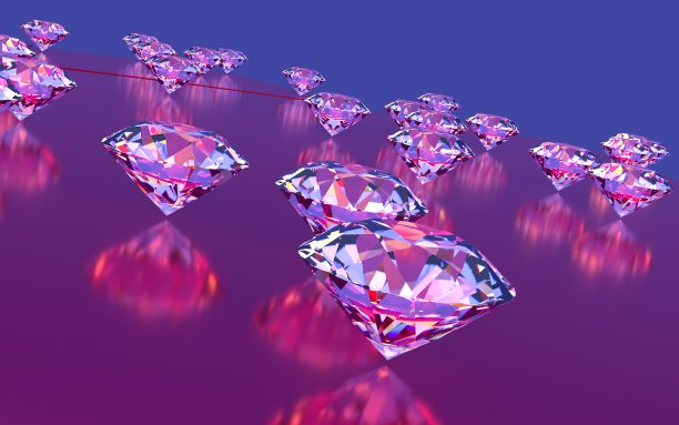 一套钻石在平面上，日落照明，3D渲染图片下载