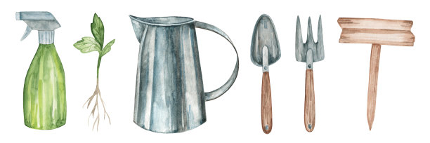 一套手绘水彩项目园艺。一个喷雾器，一个带根的绿色嫩芽，一个无金属的罐子，一把铲子，一把耙子，一张写字的桌子。乡村风格。图片下载