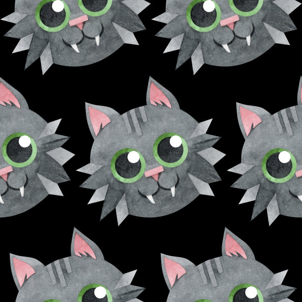 无缝图案与黑色吸血鬼猫。万圣节的背景。猫脸上带着微笑。创造性的孩子的纹理。水彩手绘插图上的黑色背景。为纺织、包装。图片下载