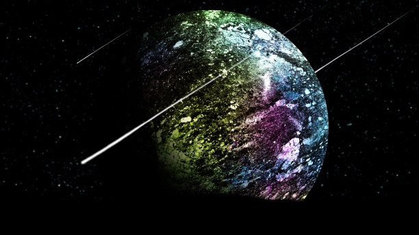 一个美丽的未知行星的特写，背景是布满流星的星空。图片下载