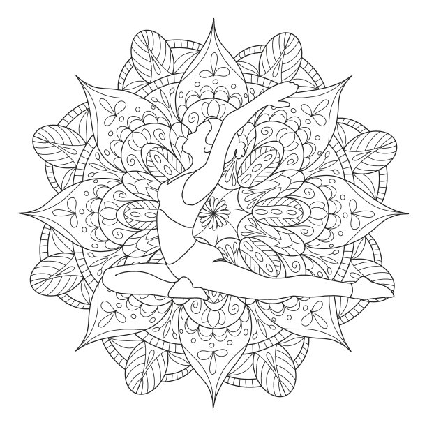 涂色书页曼荼罗与瑜伽姿势体式。瑜伽学校涂色页。用于成人和儿童作为艺术疗法。图片下载