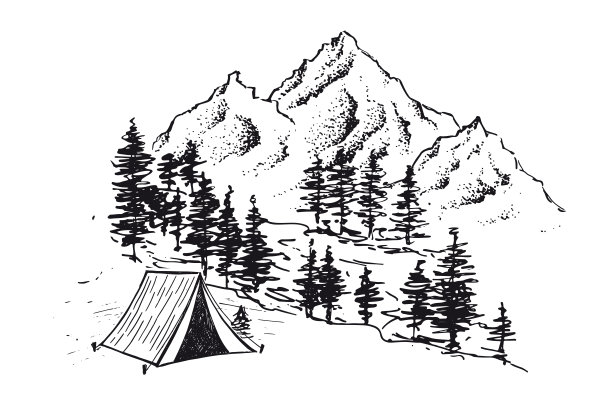 露营在自然附近的山脉，手绘风格，矢量插图。图片下载