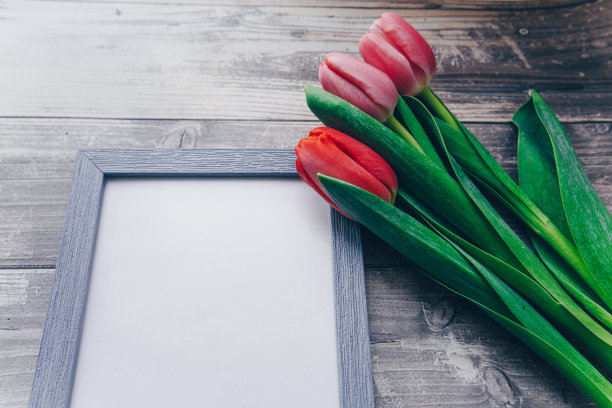 木制背景上的相框和粉红色郁金香。春天图片下载