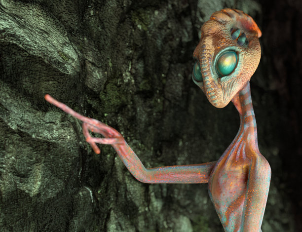 人形外星人伸出手指。概念创意说明。3 d渲染。图片下载