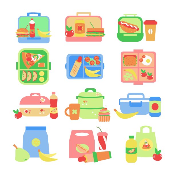 一套午餐盒及食物平面插图图片下载