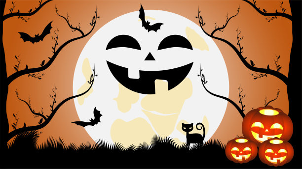 矢量图形。万圣节和他的人物。月亮，满月之夜，黑猫，蝙蝠，树木的剪影和发光的南瓜。艺术概念的传单，横幅，封面，壁纸和更多。图片下载