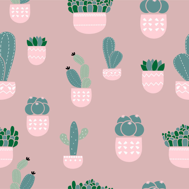 彩色背景上的各种仙人掌。矢量图形。长大后，卡通无缝图案。图片下载