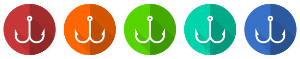 鱼钩图标设置，红色，蓝色，绿色和橙色平面设计网页按钮隔离在白色背景，矢量插图图片下载
