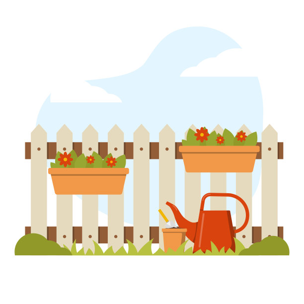 春园景观用篱笆、喷壶和鲜花。网站插图，明信片。图片下载