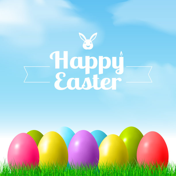 抽象的复活节散景背景与彩色的鸡蛋躺在草地上，以天空为背景-插图图片下载