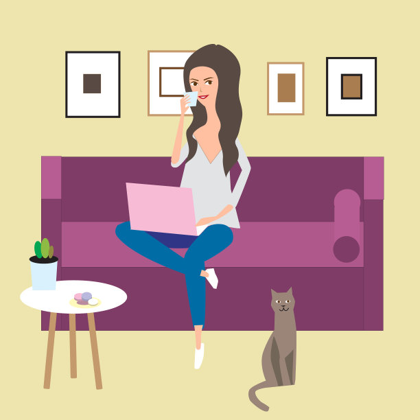 一个年轻女子坐在沙发上，用笔记本电脑工作图片下载