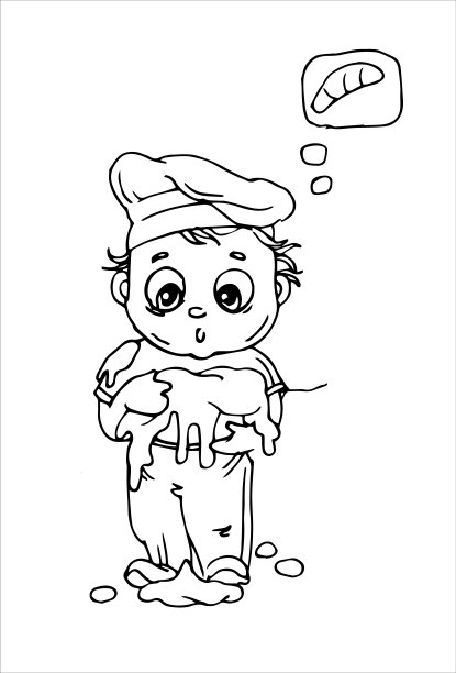 男孩做饭。粘性面团。手绘。这个淘气的男人弄脏了。大纲。有趣的图片。物体被隔离在白色背景上。向量图片下载