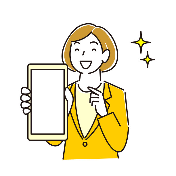一个穿着西装的女人正在展示她的智能手机屏幕。微笑。一个简单的例子。向量。图片下载