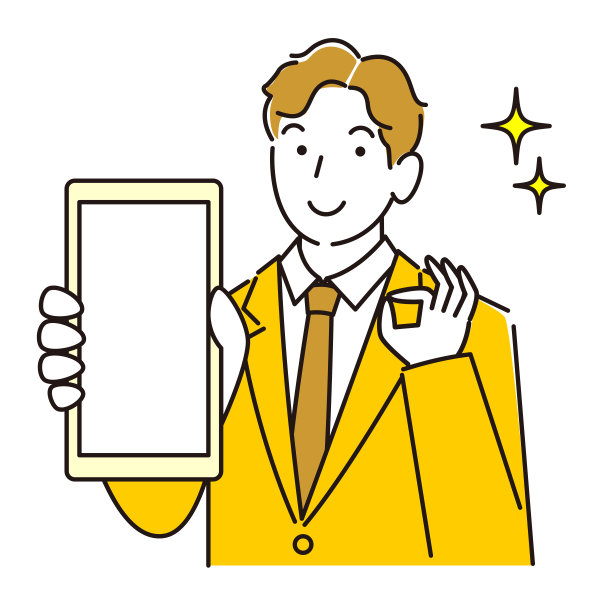 A man in A suit showing the screen of A smartphone smiling适度简单的插图向量一个男人穿着西装显示她的智能手机的屏幕。微笑。一个简单的例子。向量。图片下载