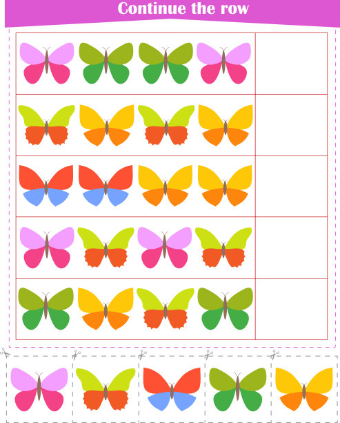 儿童逻辑游戏。我们继续那排蝴蝶。工作表图片下载