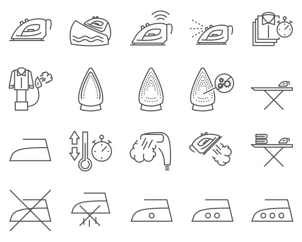 一套熨斗和洗衣线矢量图标。图片下载
