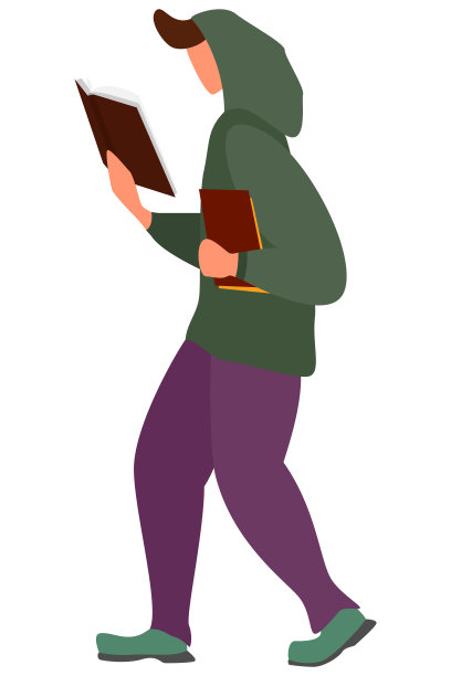 一个穿着连帽衫，戴着兜帽，拿着书的人。一个人走路和读书。矢量孤立在白色上，样式是扁平的。图片下载
