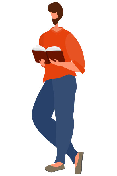 一个留着胡子的男人正在站着看书。人物以一种放松的姿势双手捧着一本打开的书。向量孤立在白色上，风格是扁平的。图片下载