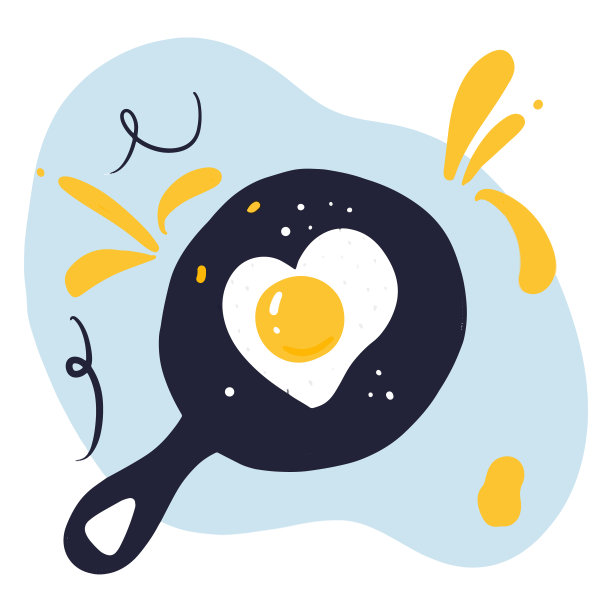 在煎锅里煎成心形的鸡蛋。平的卡通风格图片下载