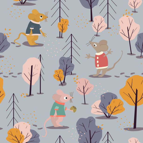 斯堪的纳维亚的秋天或森林里的老鼠。无缝图案与秋天的森林和可爱的老鼠。图片下载