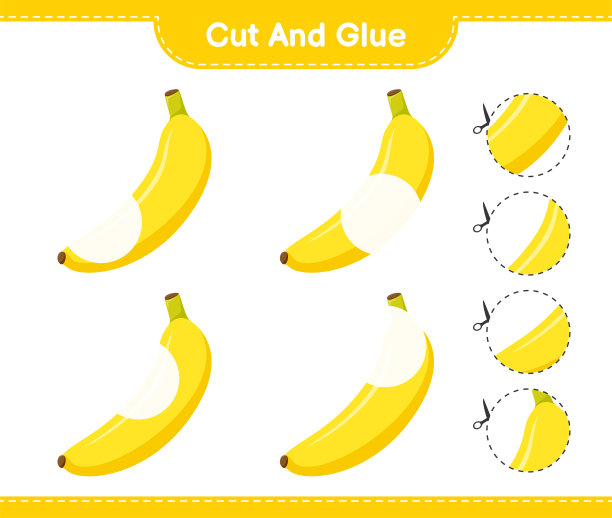 把香蕉切成几部分，然后粘在一起。教育儿童游戏，可打印的工作表，矢量插图图片下载